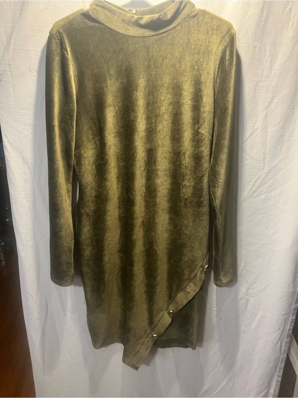 Almost Famous Olive Velvet Long Sleeve Dress with Asymmetric Button Hem